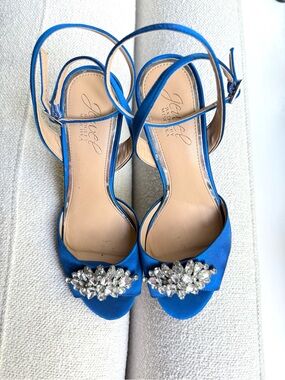 Badgley Mischka Cobalt Blue Satin Jeweled Ankle-Strap Heels